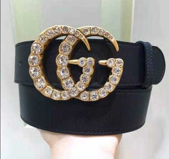 HypedEffects Black Gucci Belt - Golden Finished Crystaled Gucci Buckle