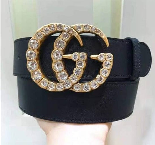 HypedEffects Black Gucci Belt - Golden Finished Crystaled Gucci Buckle